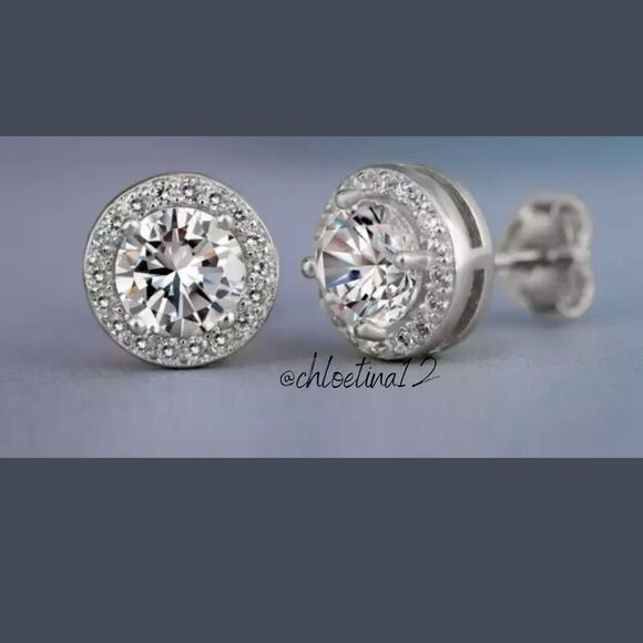 White Gold Round Diamond Halo Stud Earrings - Picture 4 of 5
